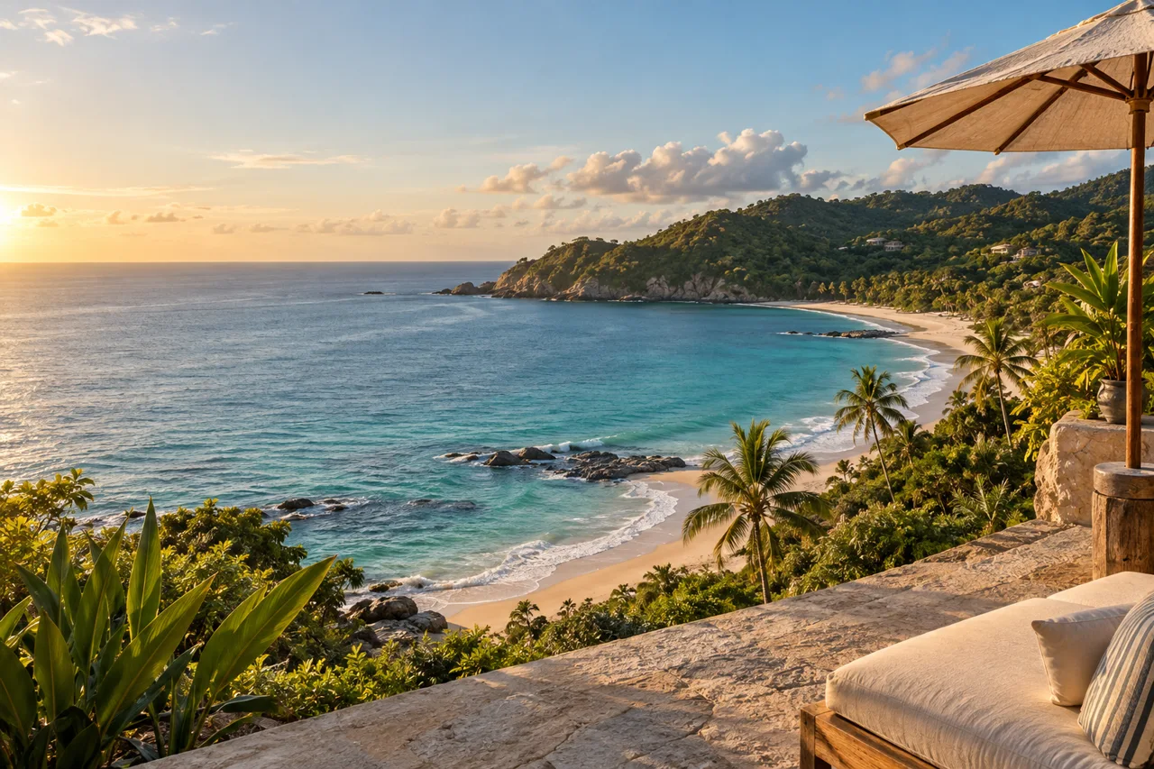 Paisagem ilustrativa de uma baía tropical, com mar azul e uma varanda à beira-mar
